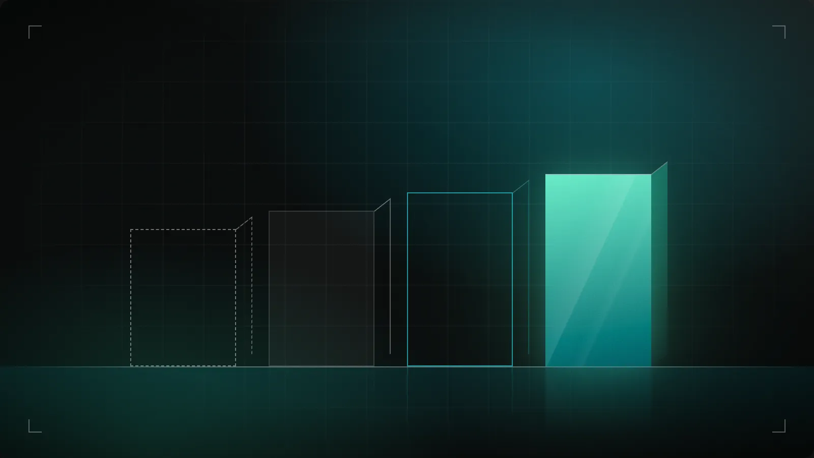 Four boxes moving from a dashed outline to a solid glowing block, one per office option