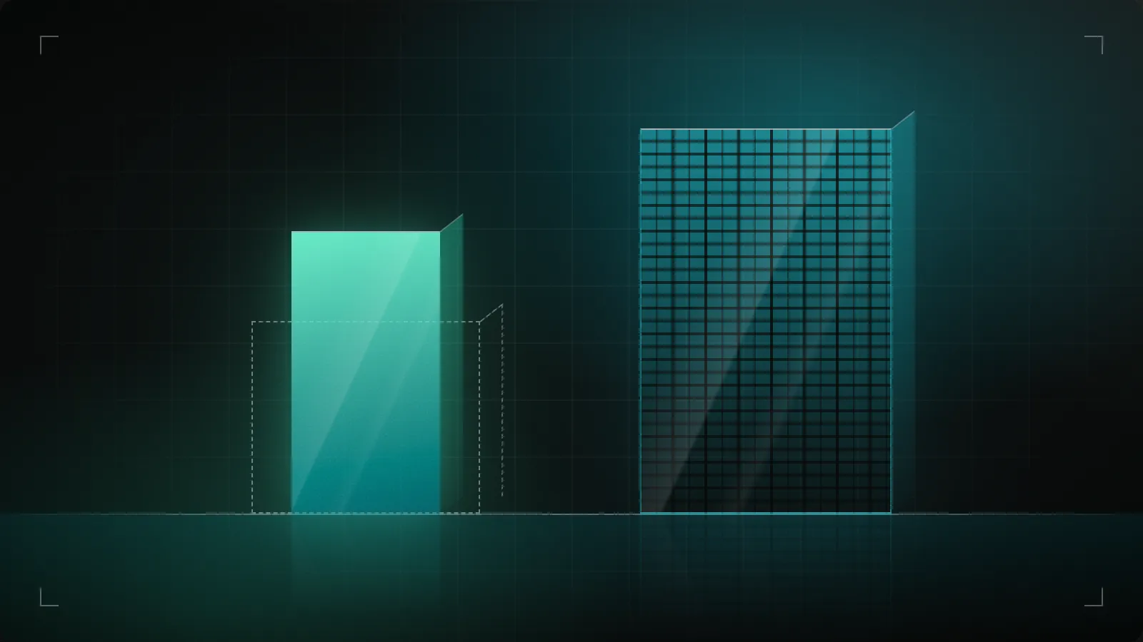 A small glowing teal block overflowing its dashed outline beside a larger building